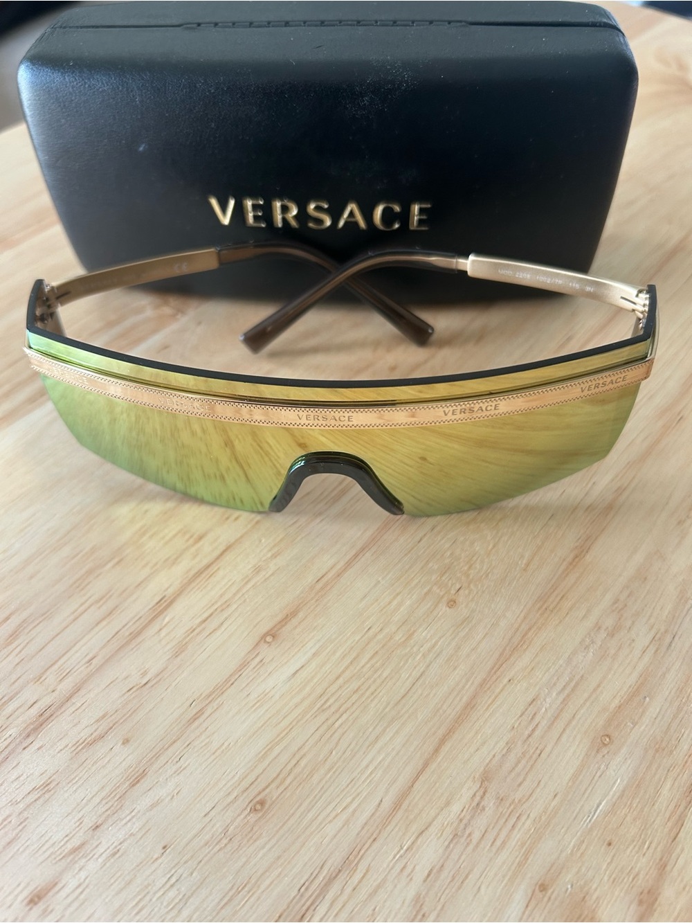Versace Men’s Gold Frame Green Mirrored Shield Sunglasses
